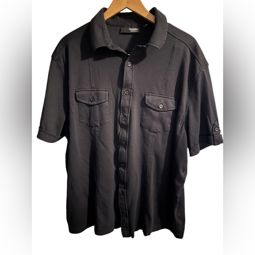 Murano Liquid Cotton Mens Button Up Shirt Solid Black Flap Pocket Soft XL
